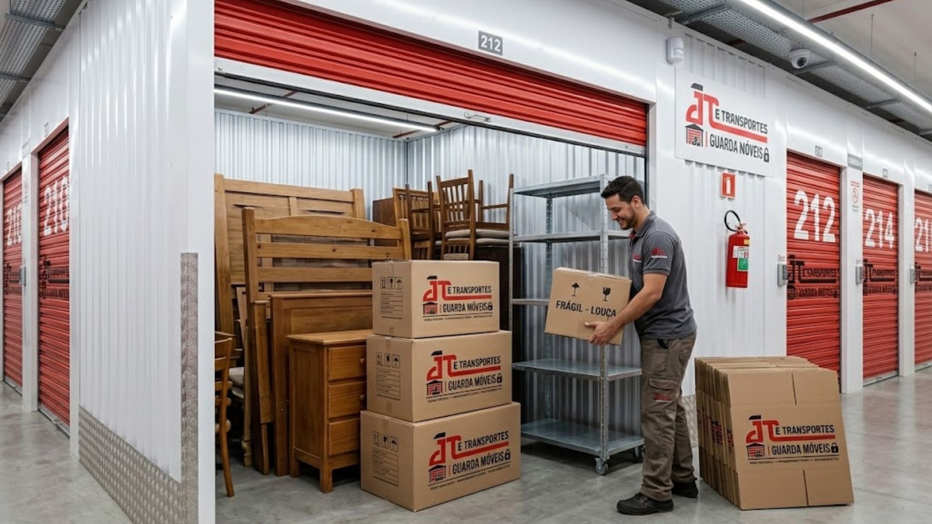 Cliente e boxes da JTE com móveis e caixas armazenadas